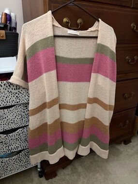 Mimi Chica Pink, Cream & Olive Striped Open-Front Cardigan